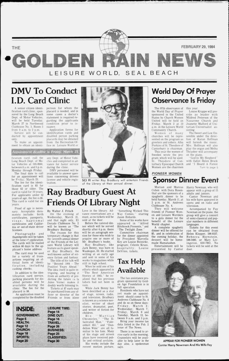 Newspaper , Ray Bradbury guest at Friends of Library Night.