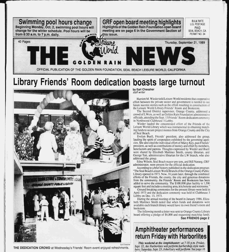 Newspaper, photo of dedication for the Friends of Library building.