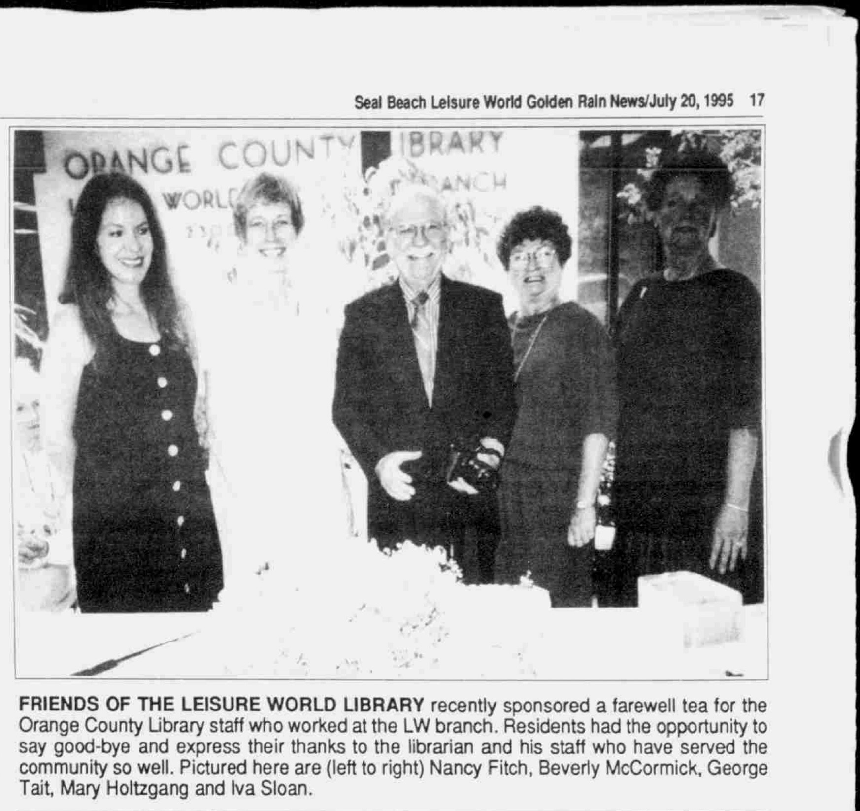 Newspaper, photo of Friends of the Library throwing a goodbye tea for the Orange County Librarians after library sale.