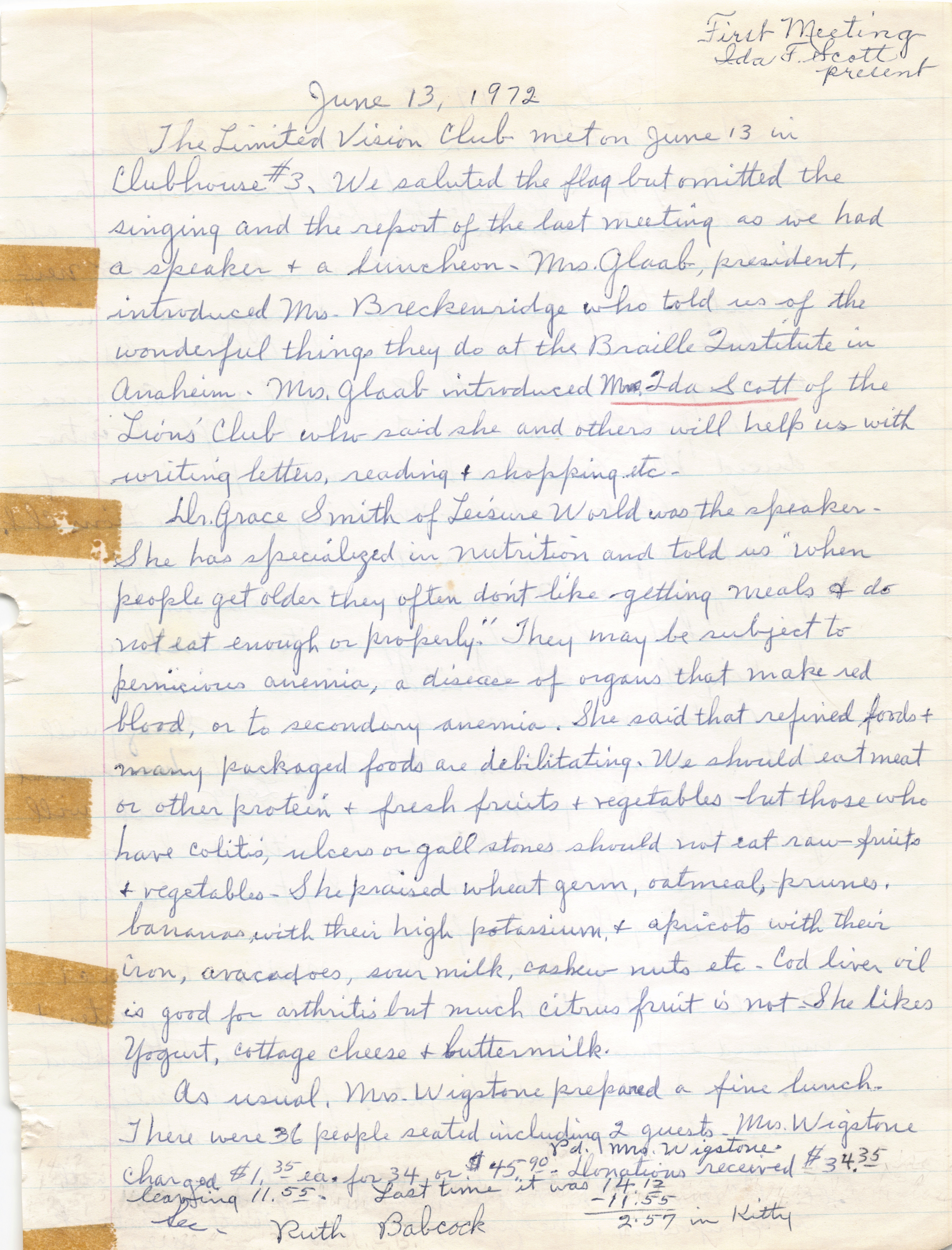 Minutes from the first meeting of the Limited Vision Club, June 13, 1972.